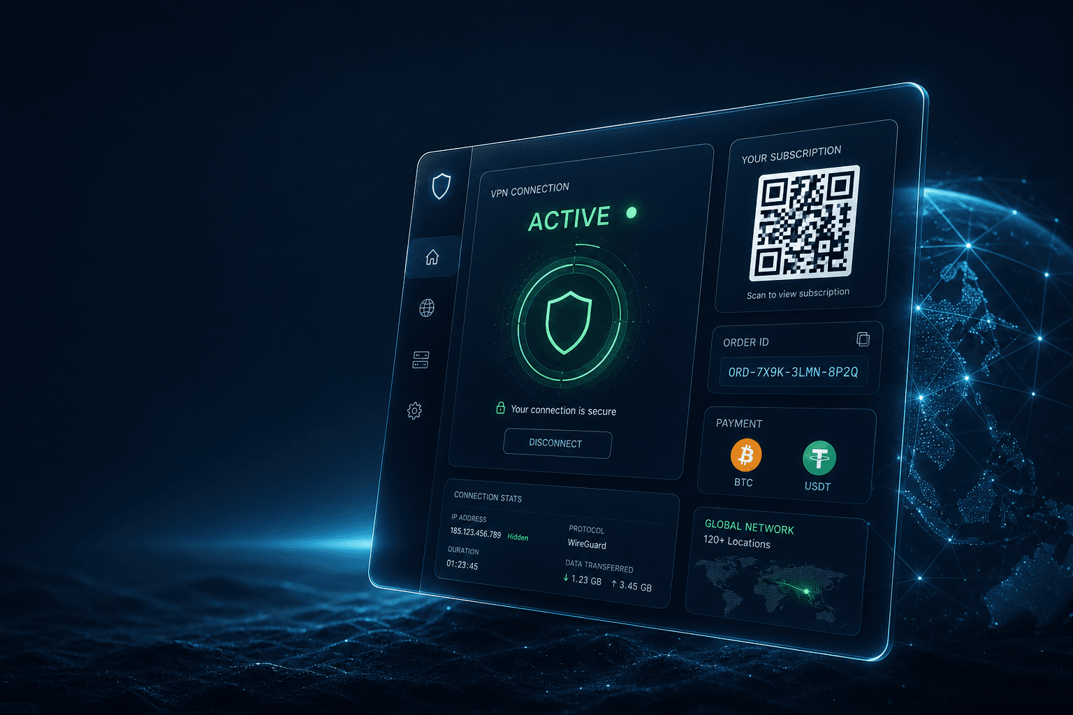 IPNOVA vault: crypto checkout, portal access, and VPN QR setup